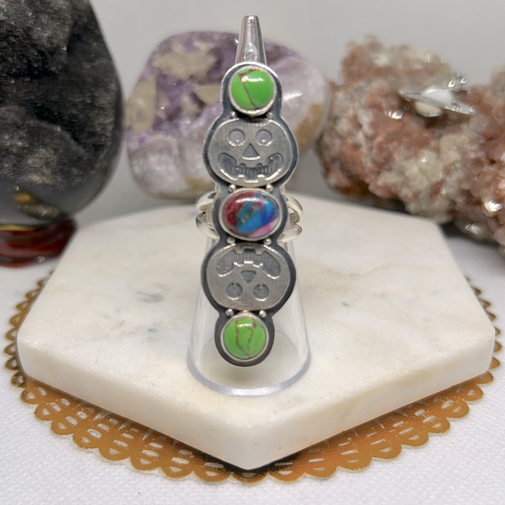 Double pumpkin & green spiny oyster ring 925